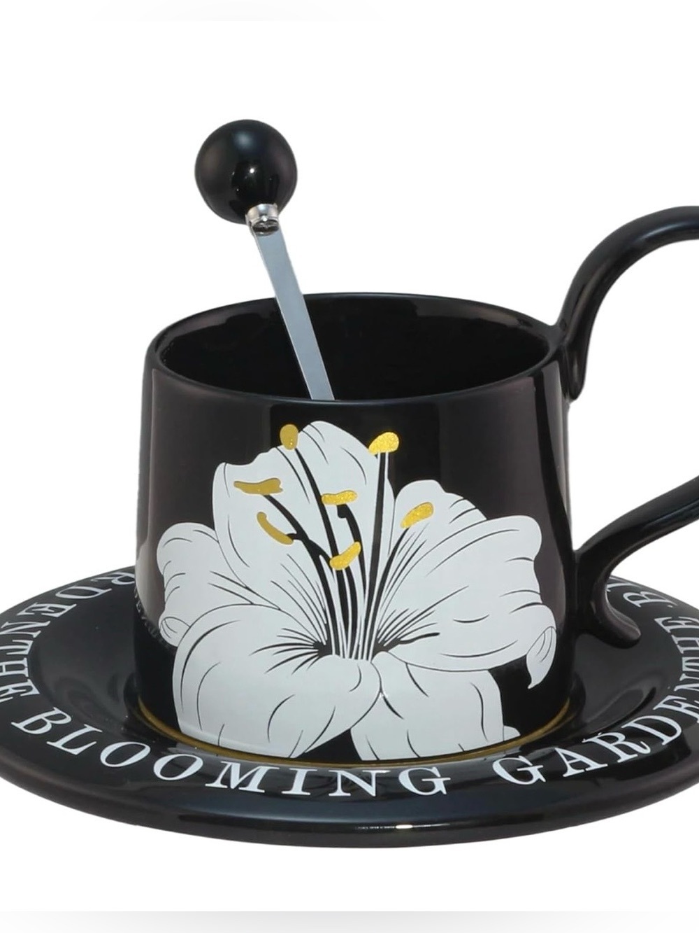 Black Floral Ceramic Teacup and Saucer Set with Spoon